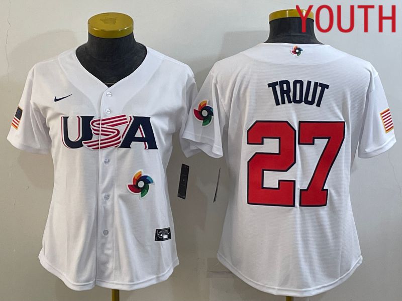 Youth 2023 World Cub USA 27 Trout White MLB Jersey9